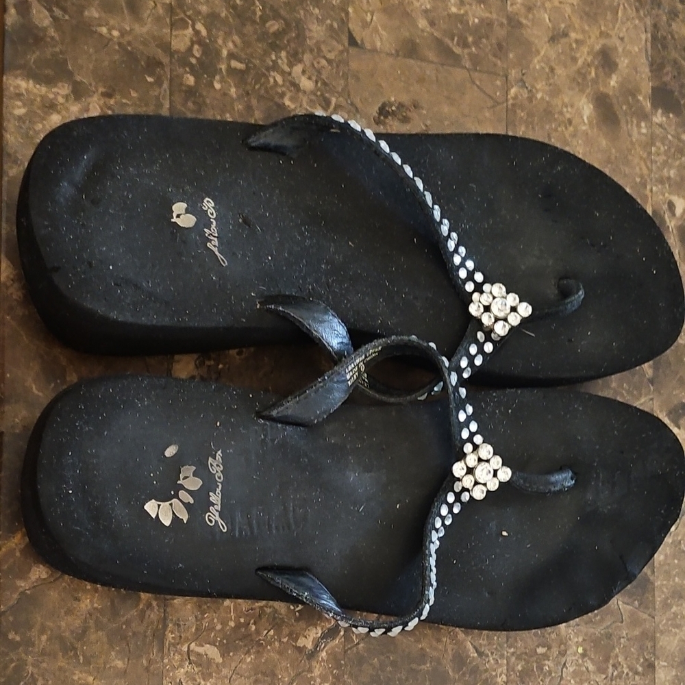 Yellow Box Black Sandals with Silver Embellishments